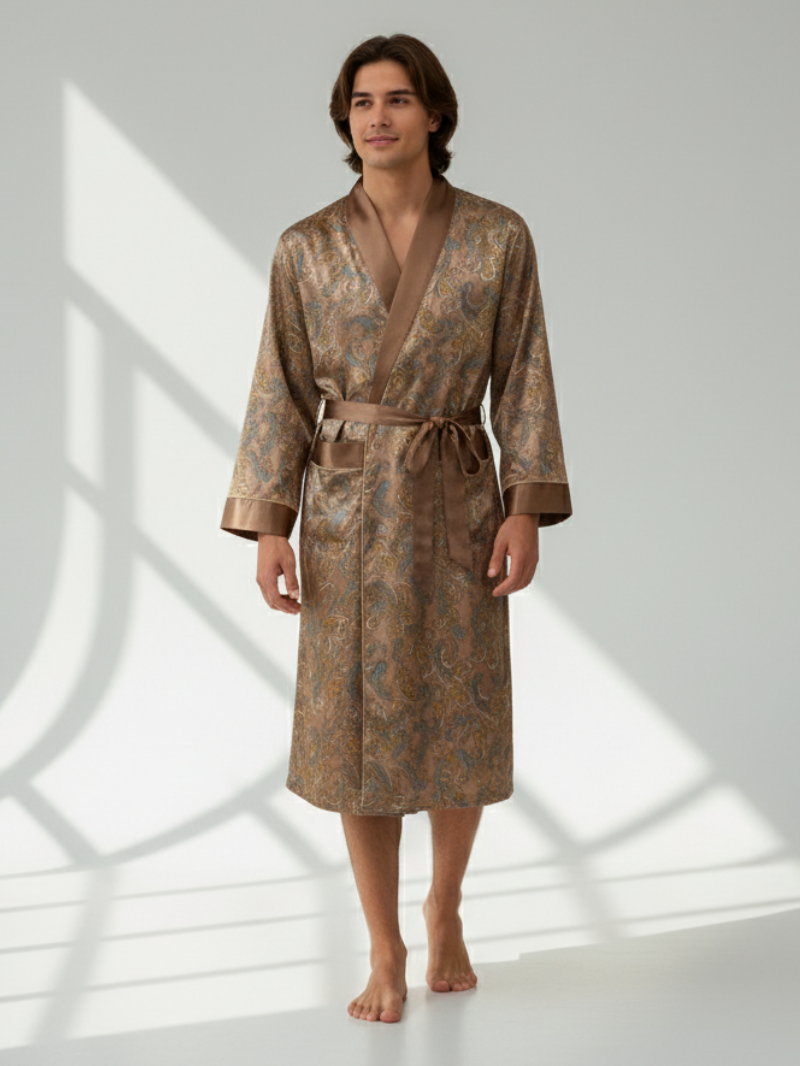 Men’s Patterned Silk-Like Robe – Elegant Design & Comfortable Fit
