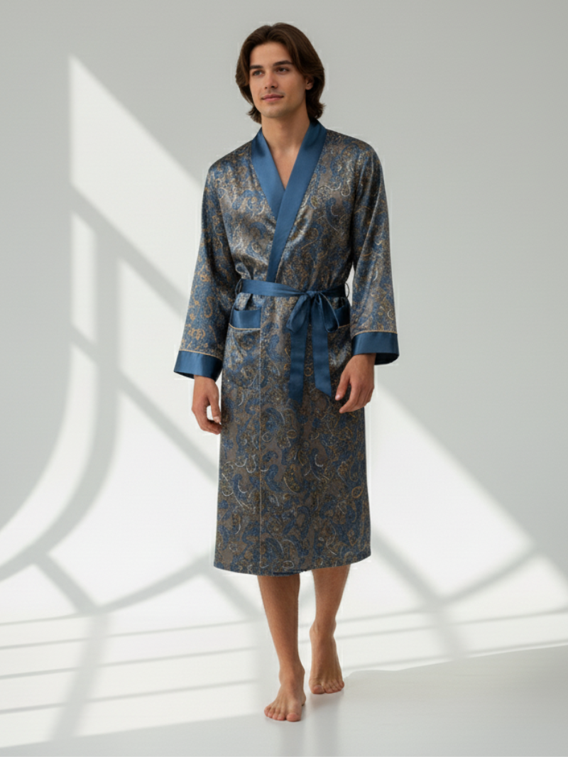 Men’s Patterned Silk-Like Robe – Elegant Design & Comfortable Fit