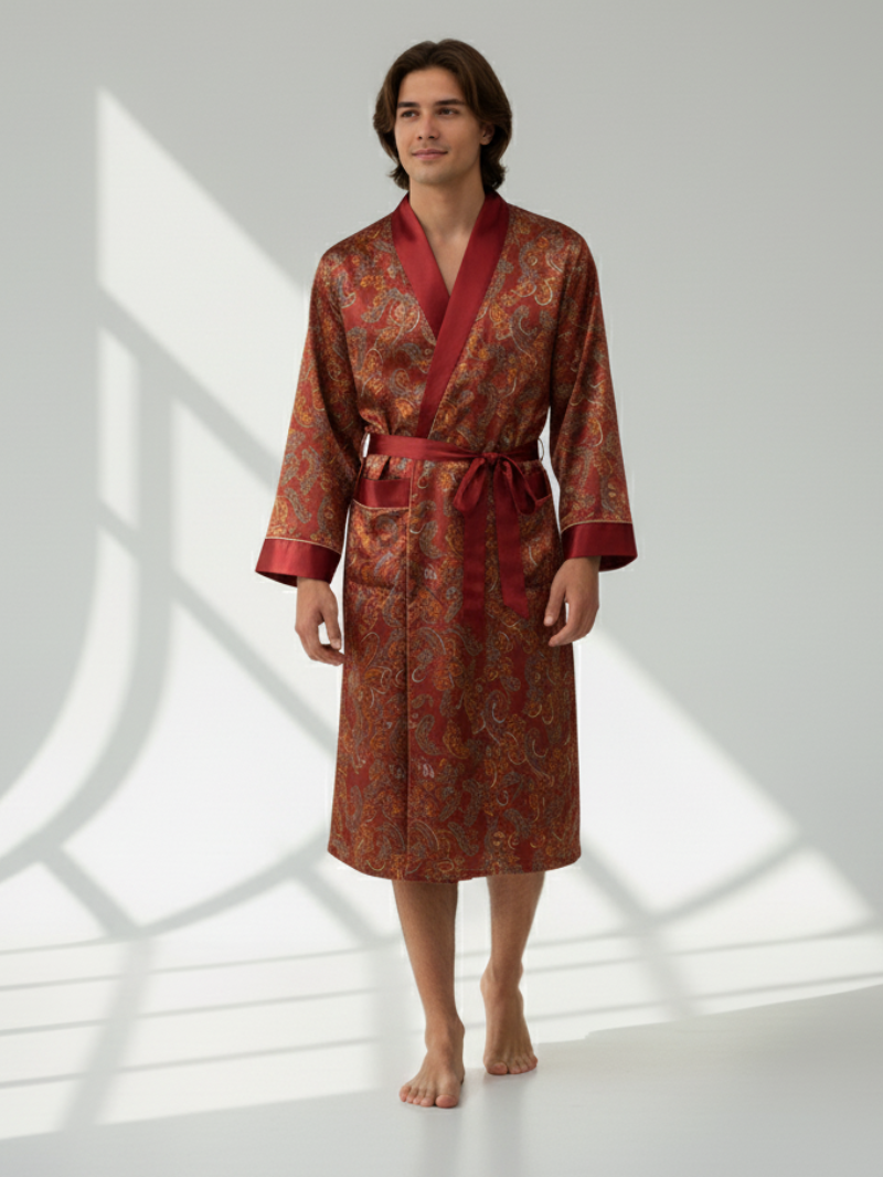 Men’s Patterned Silk-Like Robe – Elegant Design & Comfortable Fit