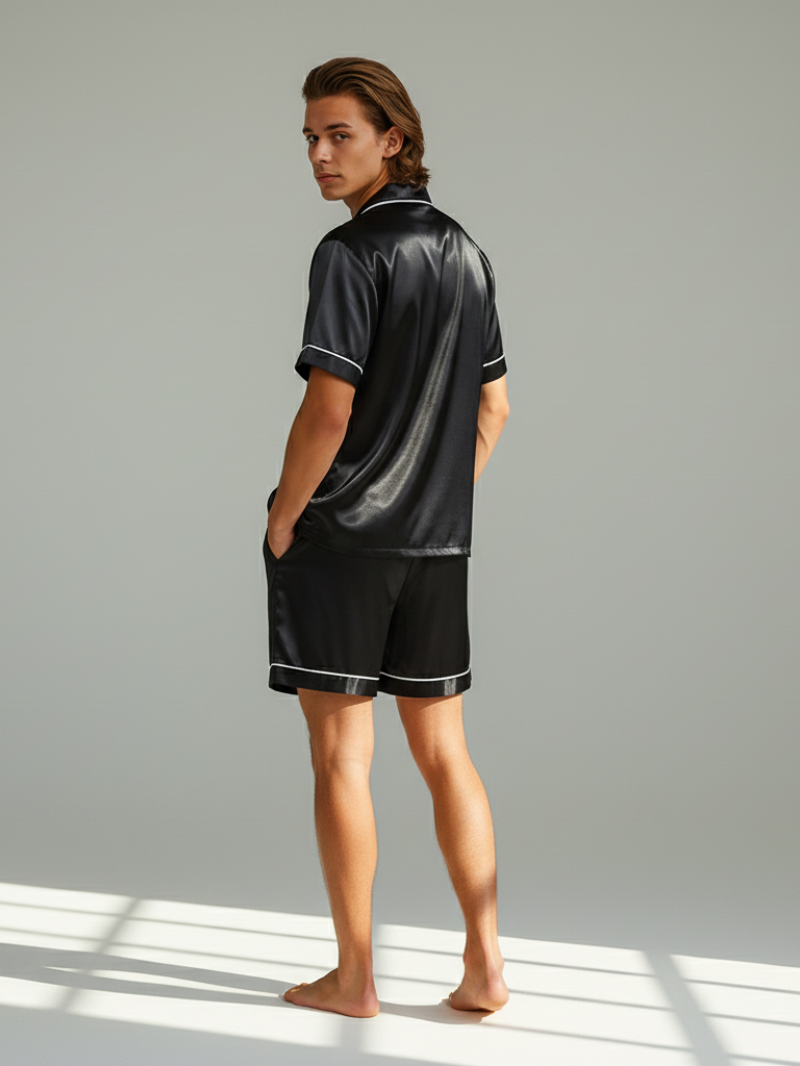 Ice Silk Satin Pajamas for Couples – Short-Sleeved Sleepwear for Women and Men