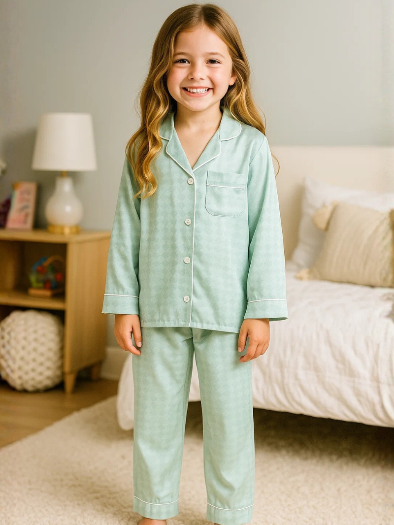Girls’ Ice Silk Houndstooth Pajama Set – Soft, Lightweight & Stylish Homewear