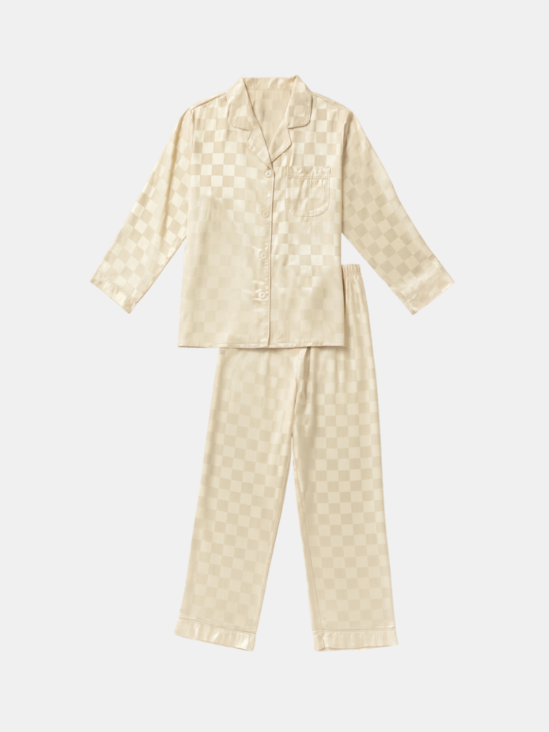 Men’s Ice Silk Long-Sleeve Pajama Set – Two-Piece Plaid Loungewear