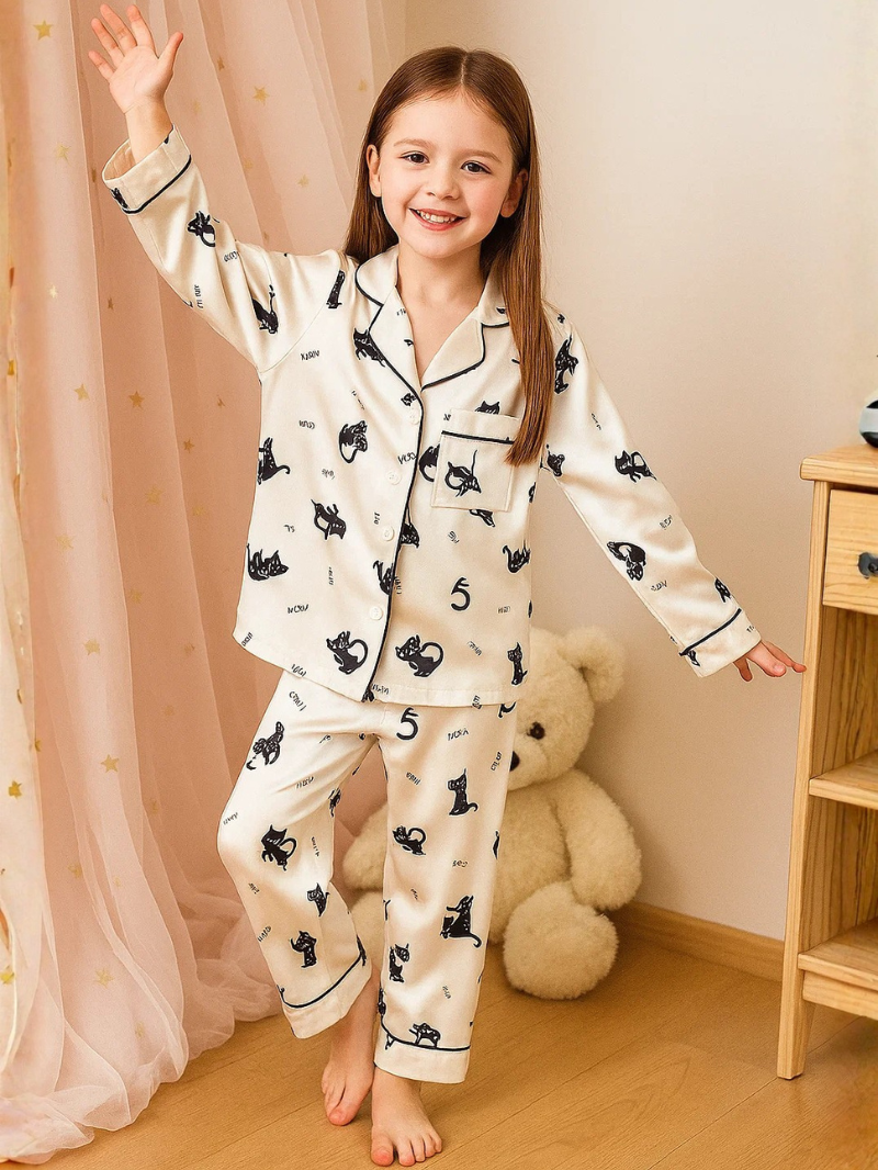 Girls’ Ice Silk Pajama Set – Long Sleeve Homewear with Cute Prints