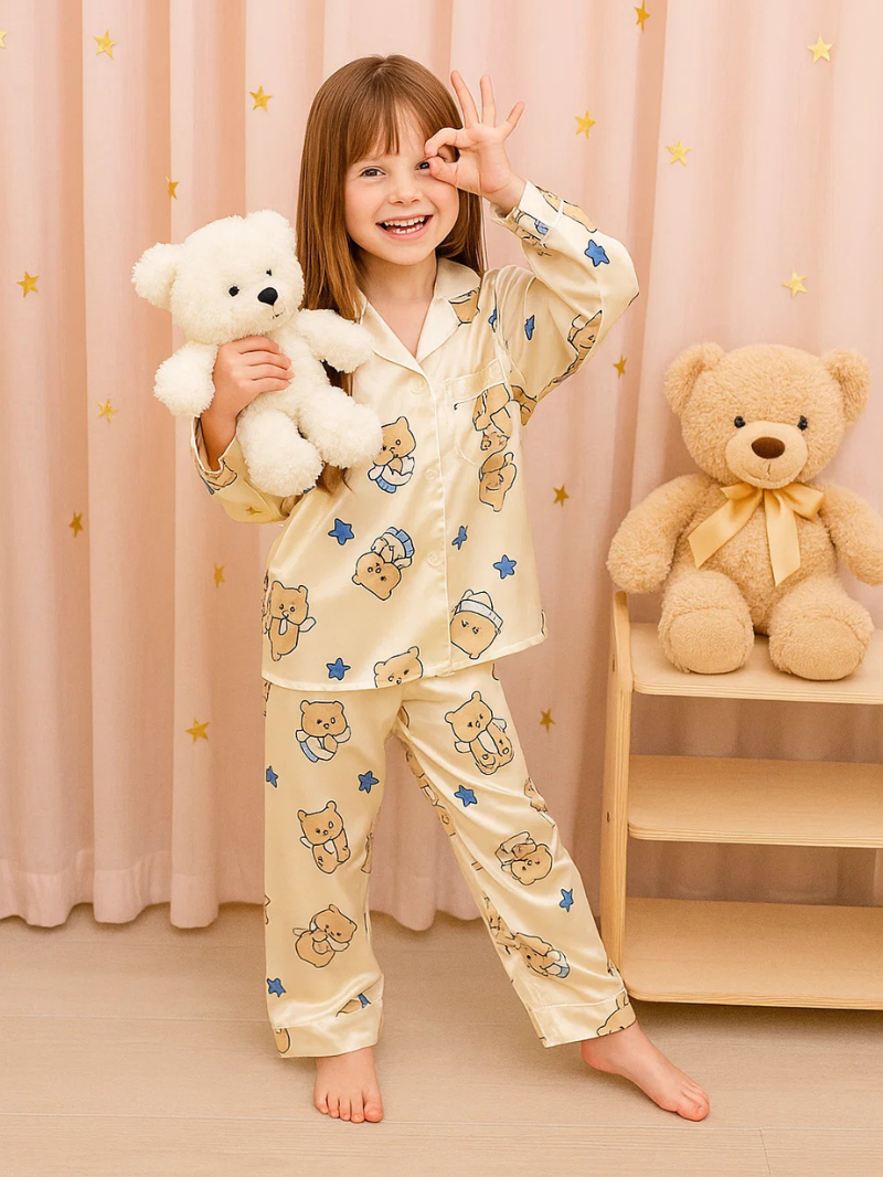 Girls’ Ice Silk Pajama Set – Long Sleeve Homewear with Cute Prints