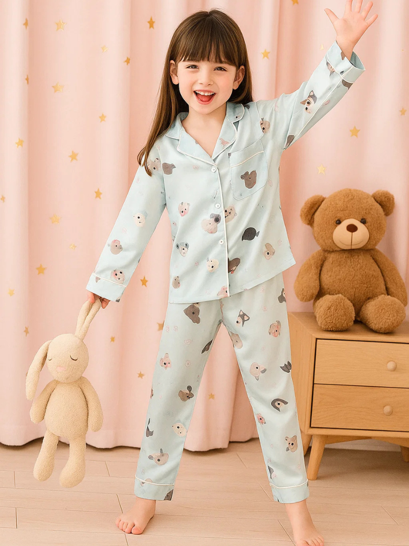 Girls’ Ice Silk Pajama Set – Long Sleeve Homewear with Cute Prints