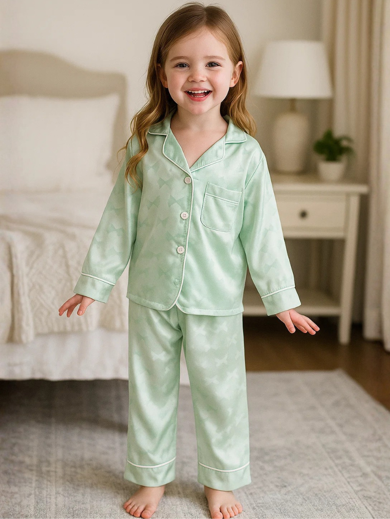 Girls’ Ice Silk Pajama Set – Lightweight, Long Sleeve & Stylish Homewear