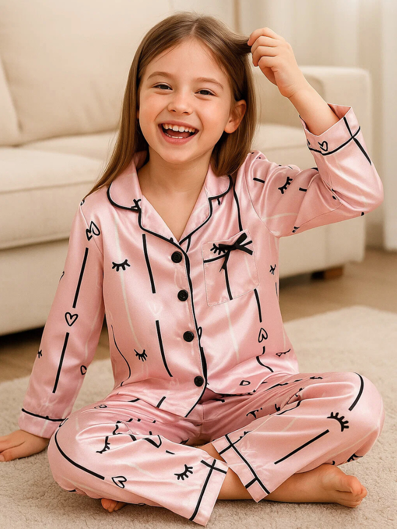 Children’s Long-Sleeve Silk Pajama Set – Warm Cardigan Homewear for Girls