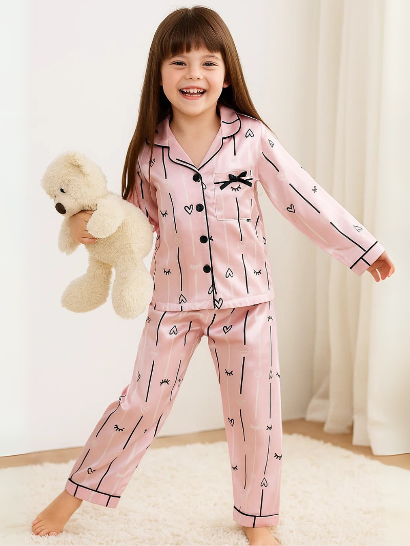 Children’s Long-Sleeve Silk Pajama Set – Warm Cardigan Homewear for Girls