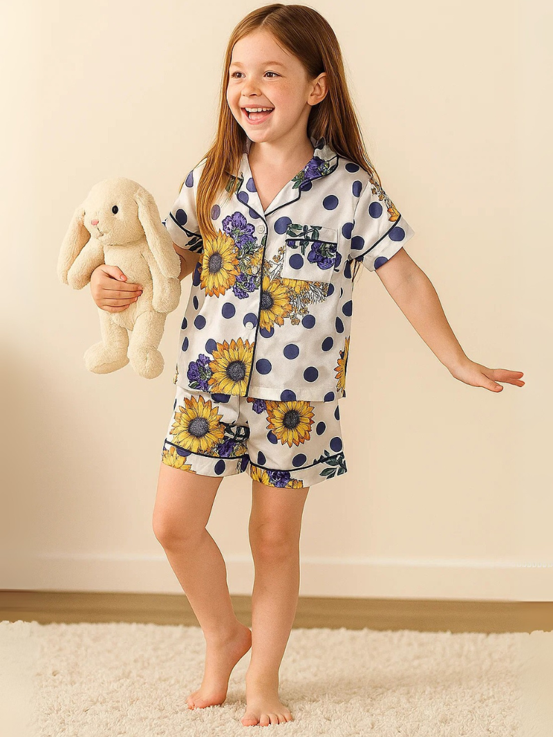 Girls’ Silk Short-Sleeve Pajama Set – Top & Shorts Homewear