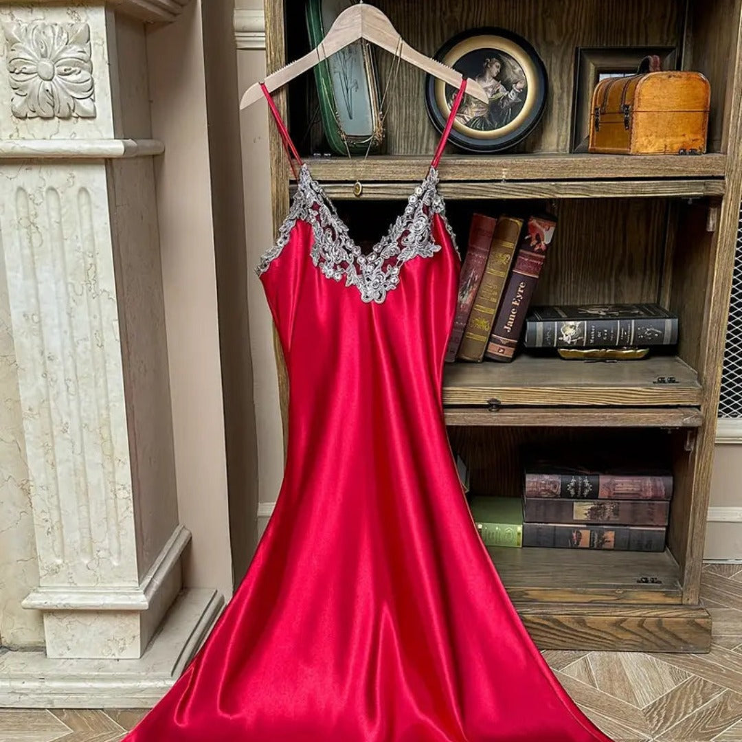 Arabella Faux Silk Maxi Nightgown – Elegant Lace Trim Sleepwear for Women