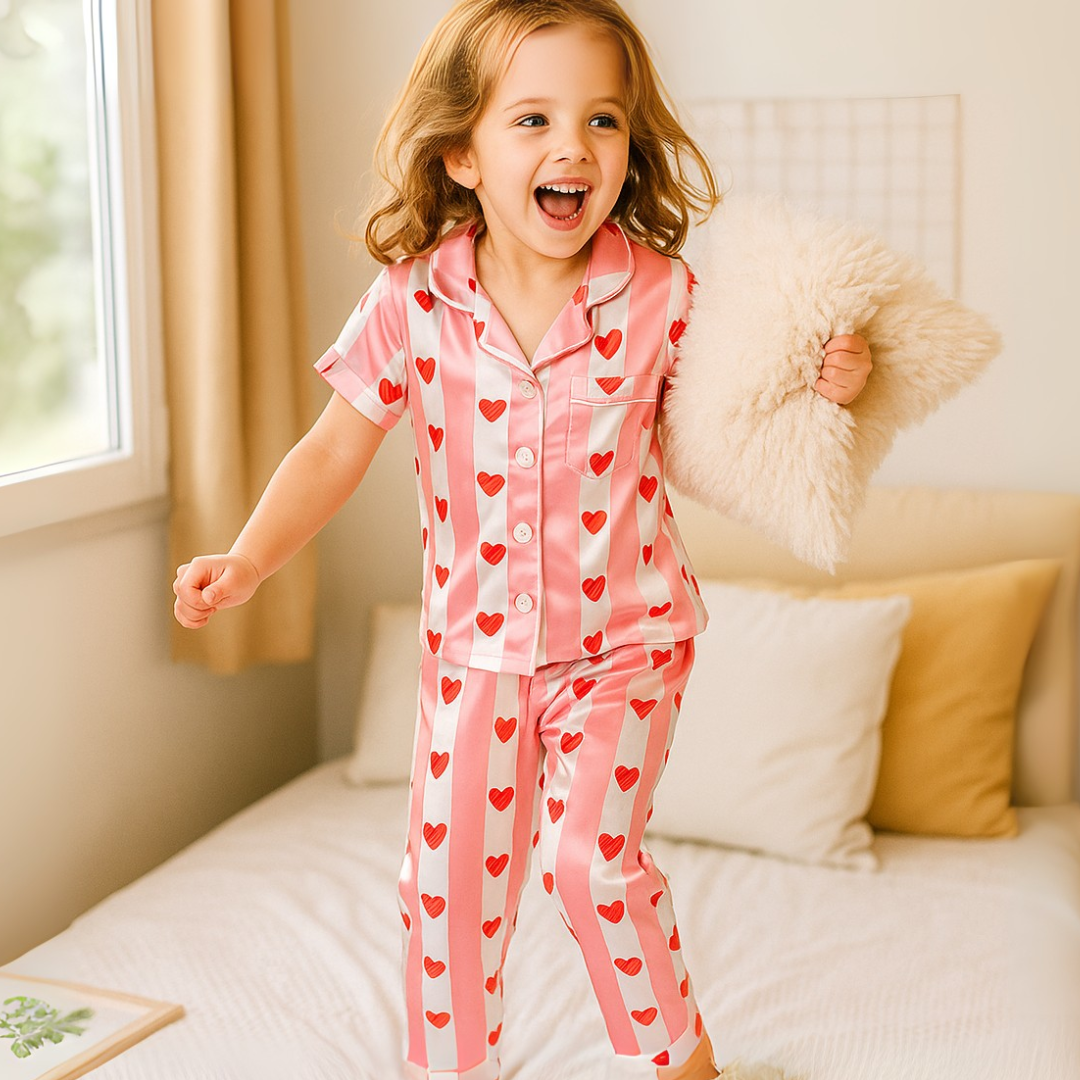 Kids’ Satin Heart Print Pajama Set – Short Sleeve Comfort Sleepwear