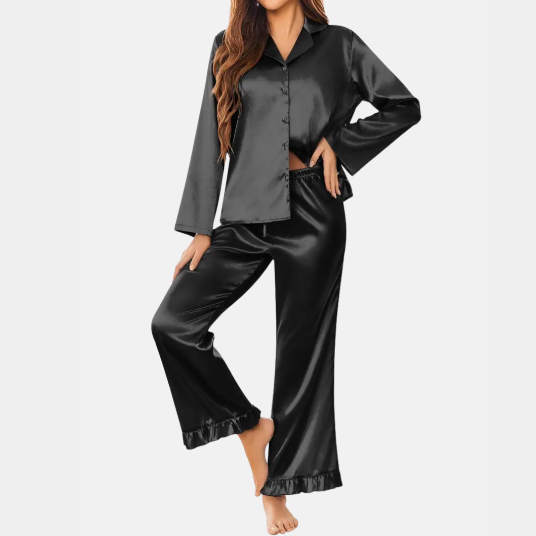 Soft Satin Pajamas Set for Women – 2-Piece Long Sleeve Sleepwear & Elegant Button Loungewear