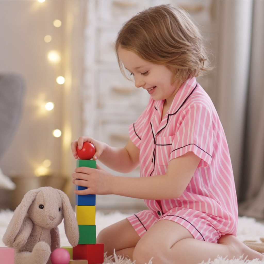 Kids’ Pink Striped Satin Pajama Set – Short Sleeve Summer Sleepwear