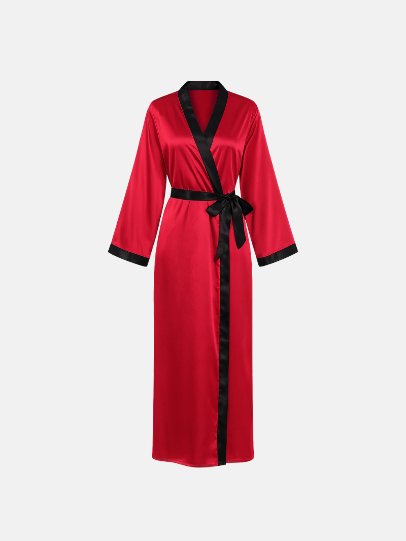 Luxurious Satin Kimono Robe with Contrast Trim – Long Sleeve, Belted, Machine Washable