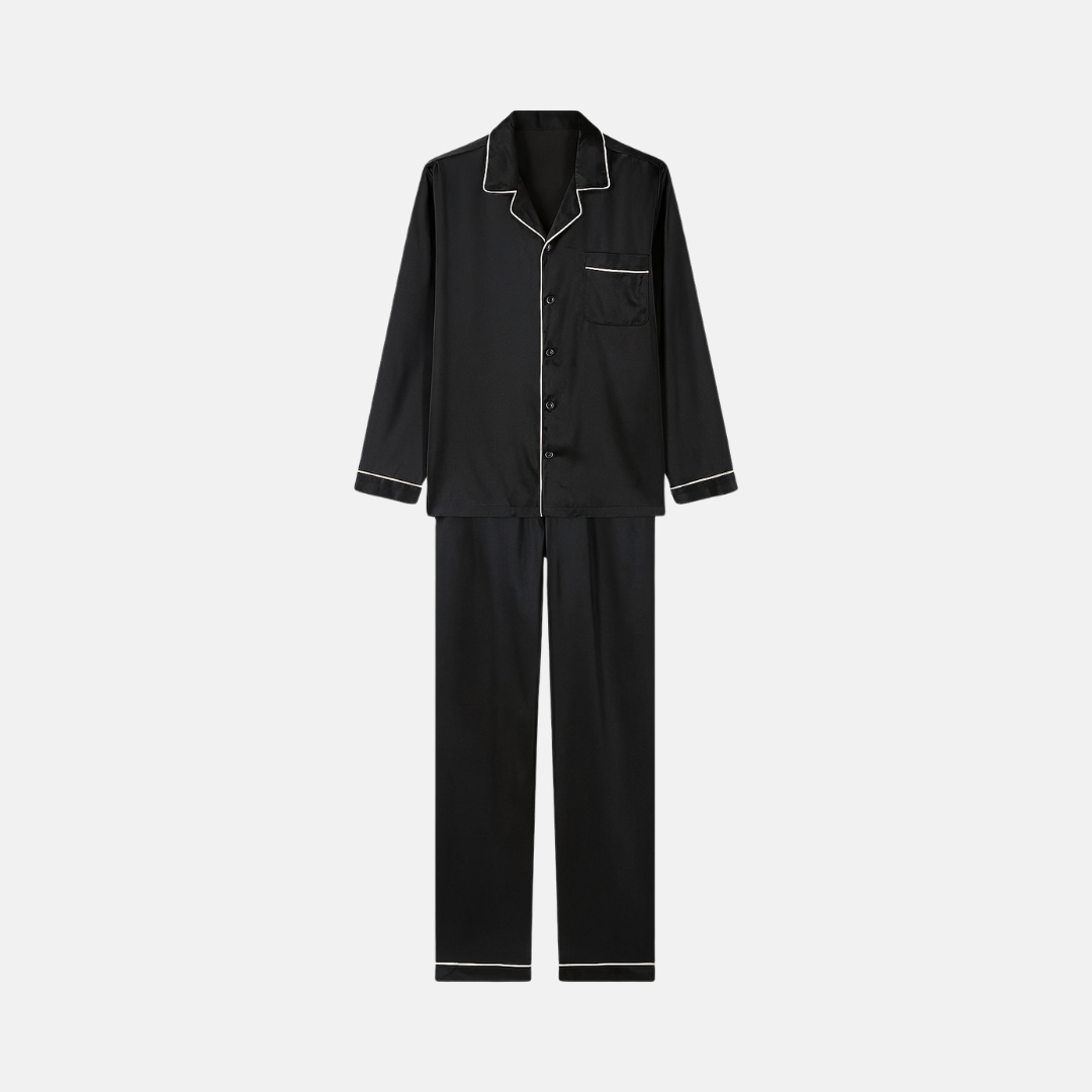 Men’s Cooling Silk-Feel Pajama Set – Breathable Long Sleeve Sleepwear for Night Comfort
