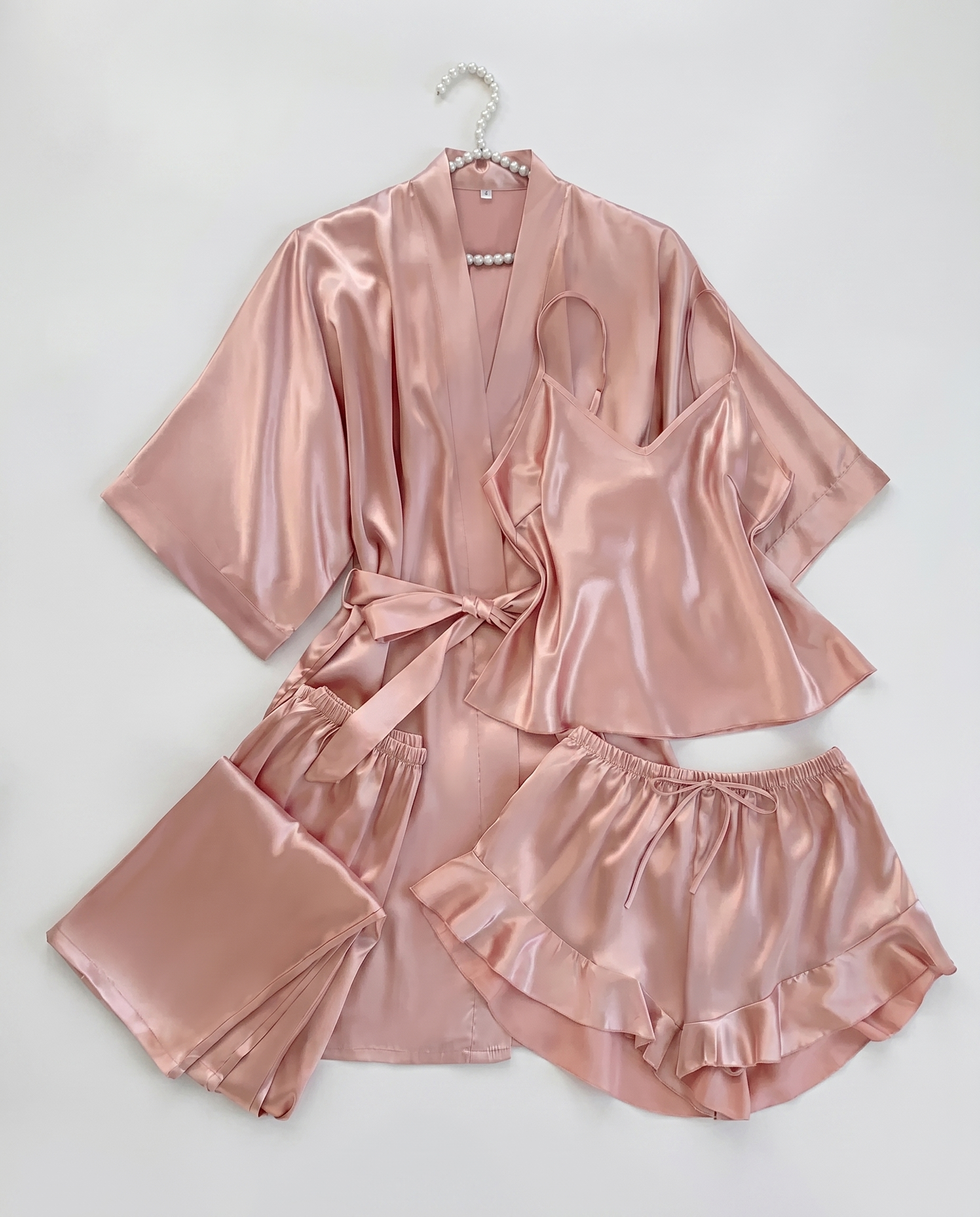 4pcs Elegant Silk Pajama Set for Women - Robe, Bralette, Shorts &amp; Pants