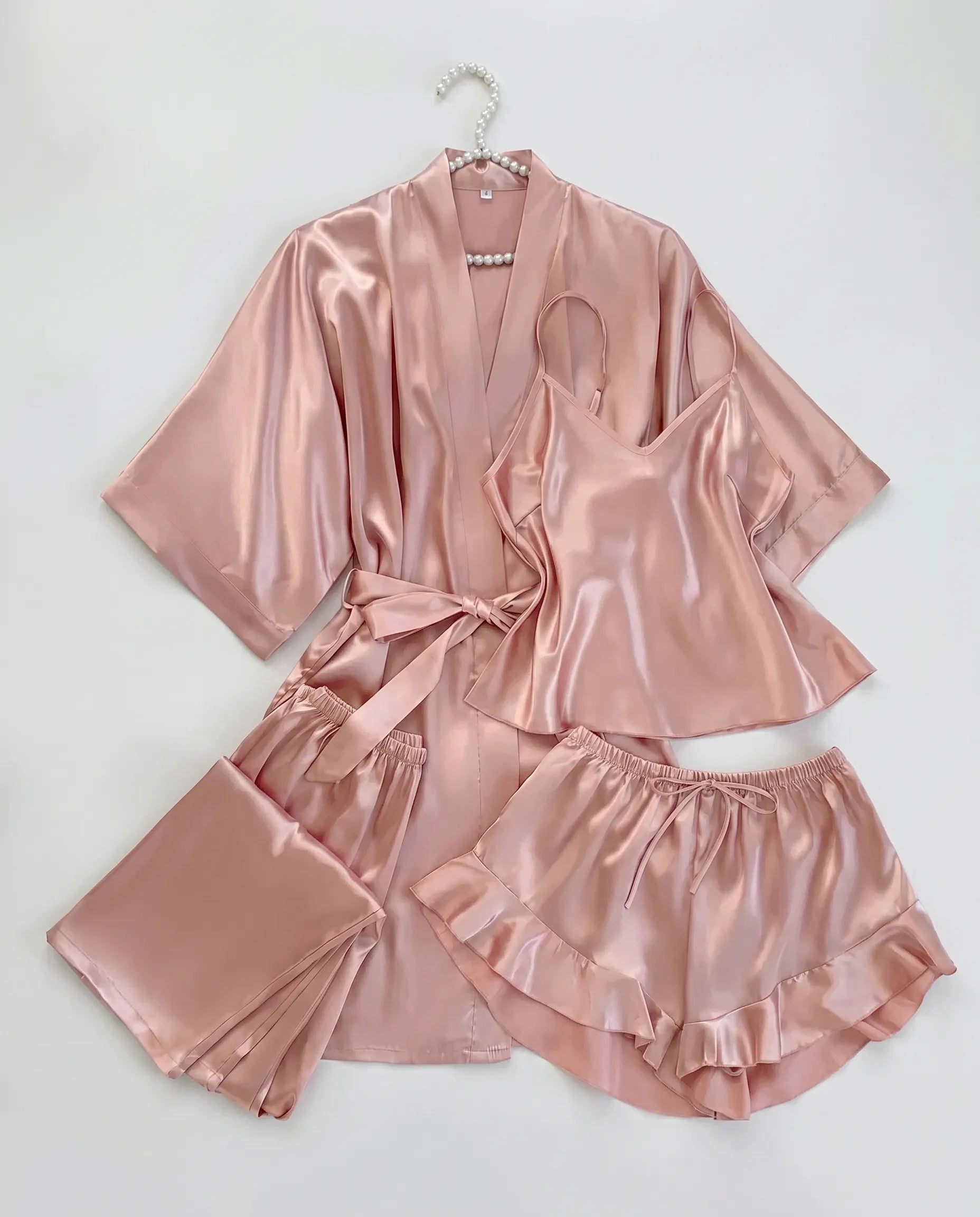 4pcs Elegant Silk Pajama Set for Women - Robe, Bralette, Shorts & Pants