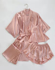4pcs Elegant Silk Pajama Set for Women - Robe, Bralette, Shorts & Pants