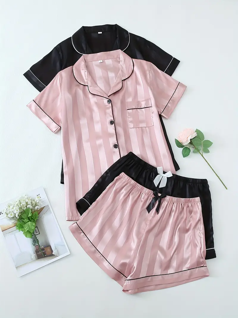 2 Sets Women's Striped Silk Casual Pajama Set Short Sleeve Top & Shorts