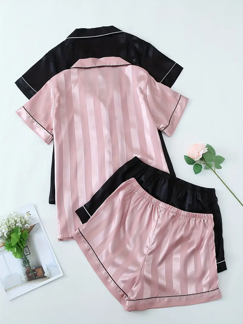 2 Sets Women's Striped Silk Casual Pajama Set Short Sleeve Top & Shorts