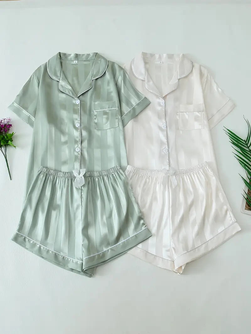 2 Sets Women's Striped Silk Casual Pajama Set Short Sleeve Top & Shorts