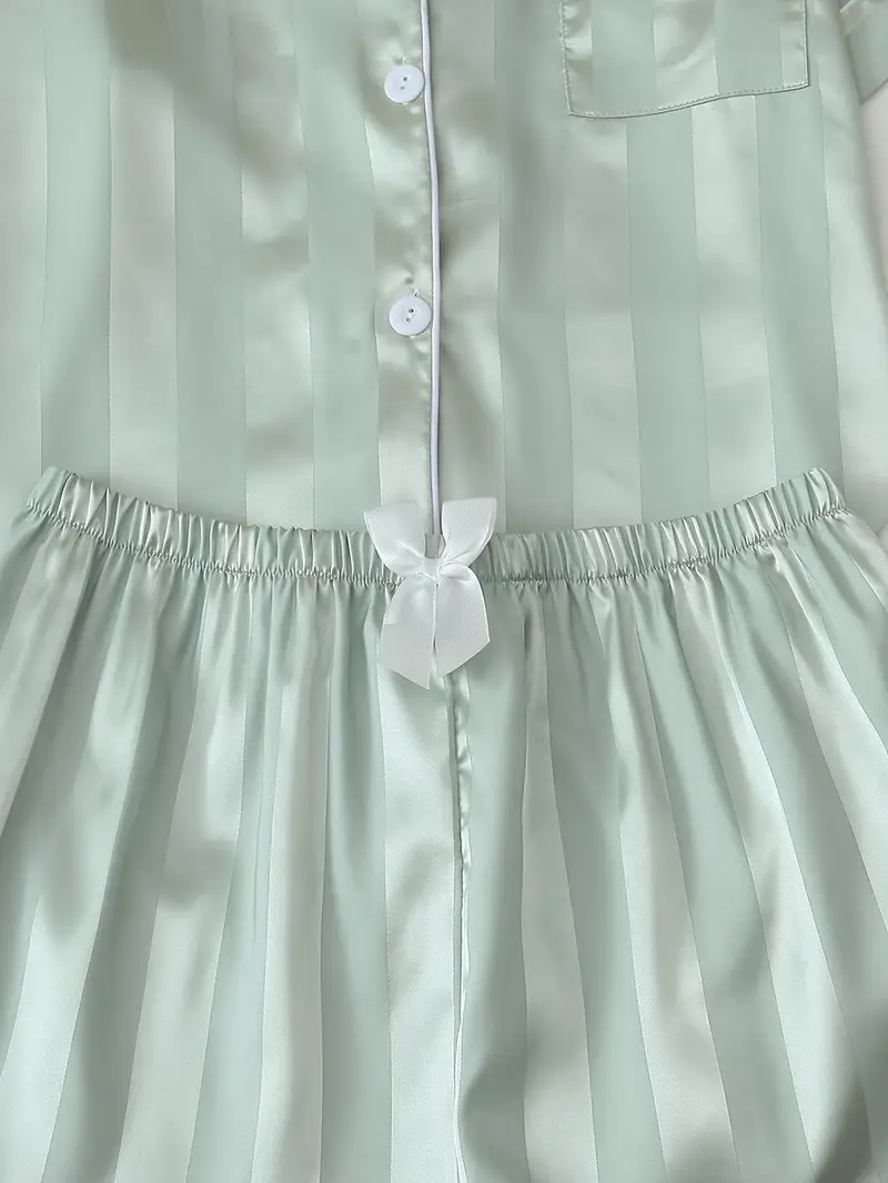 2 Sets Women's Striped Silk Casual Pajama Set Short Sleeve Top & Shorts