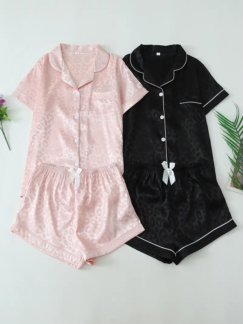 2 Sets Women's Striped Silk Casual Pajama Set Short Sleeve Top & Shorts