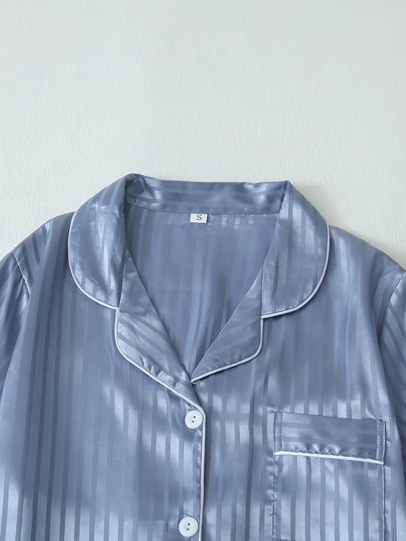 2 Sets Women's Striped Silk Casual Pajama Set Short Sleeve Top & Shorts