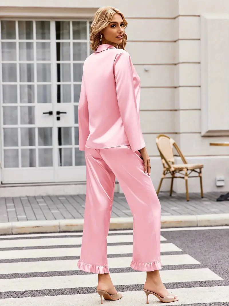 Soft Satin Pajamas Set for Women – 2-Piece Long Sleeve Sleepwear & Elegant Button Loungewear