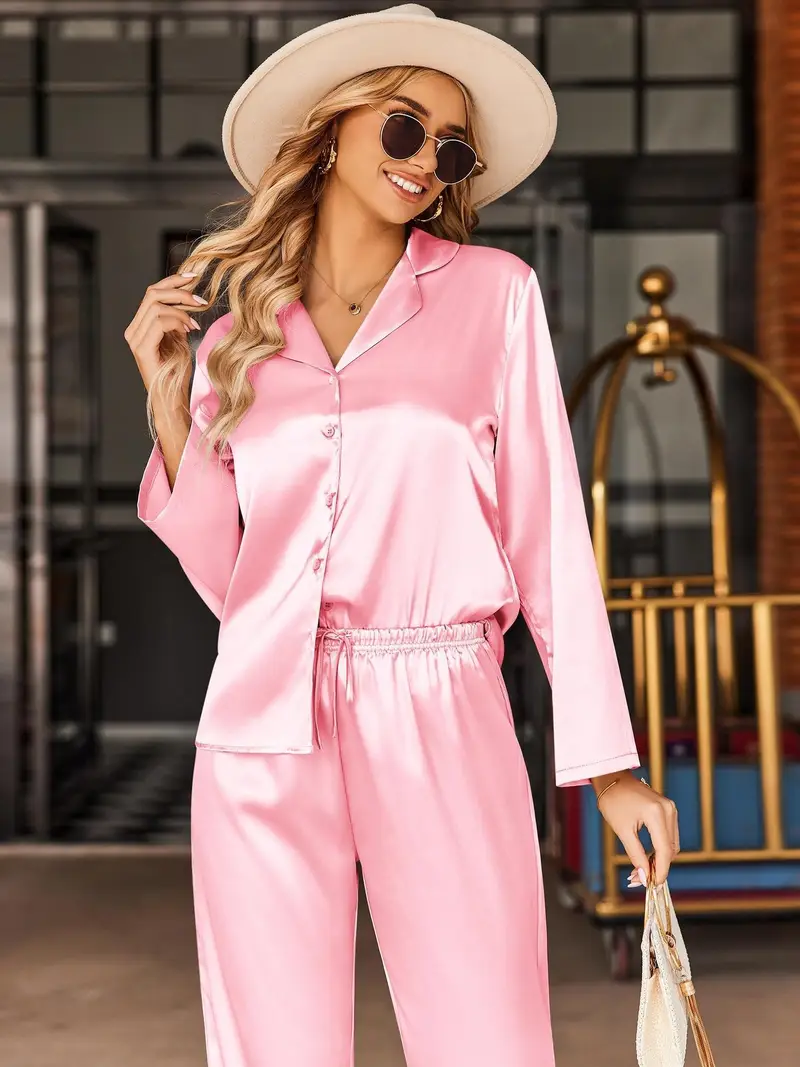 Soft Satin Pajamas Set for Women – 2-Piece Long Sleeve Sleepwear & Elegant Button Loungewear