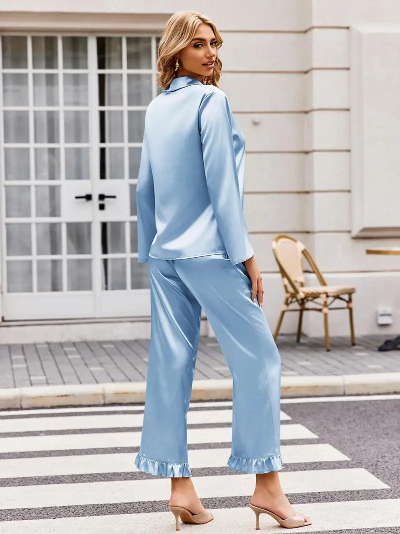 Soft Satin Pajamas Set for Women – 2-Piece Long Sleeve Sleepwear & Elegant Button Loungewear