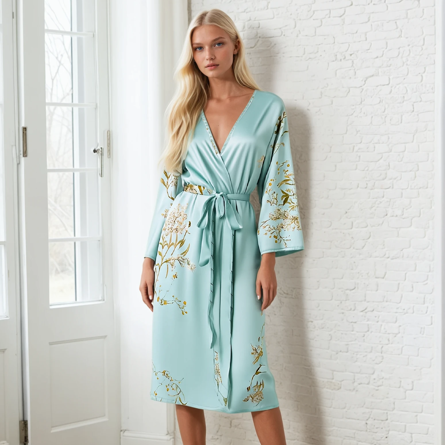 Luxury Cherry Silk Floral Robe – Soft Lightweight Long Sleeve Robe for Women