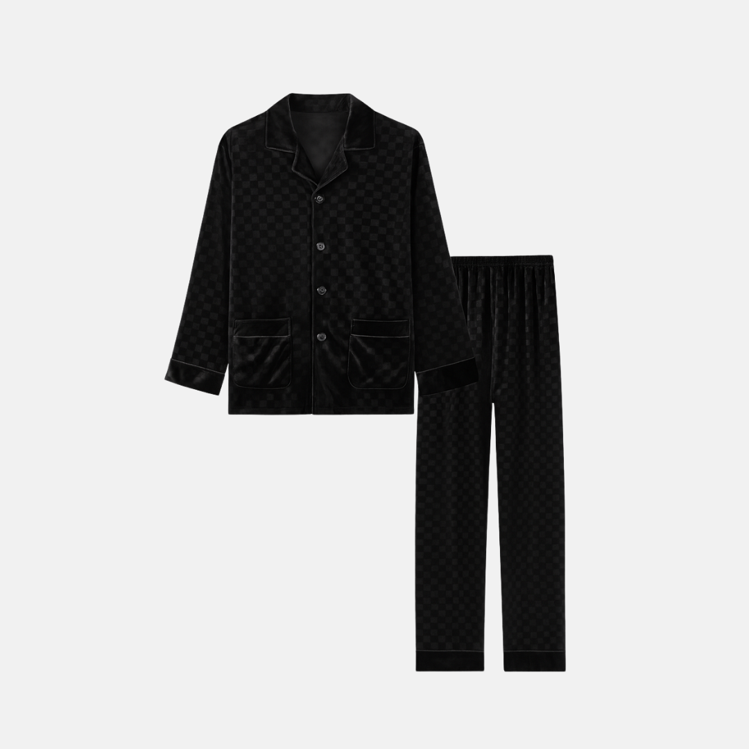 Men’s Black Silk-Like Pajama Set – Luxury Sleepwear with Classic Design